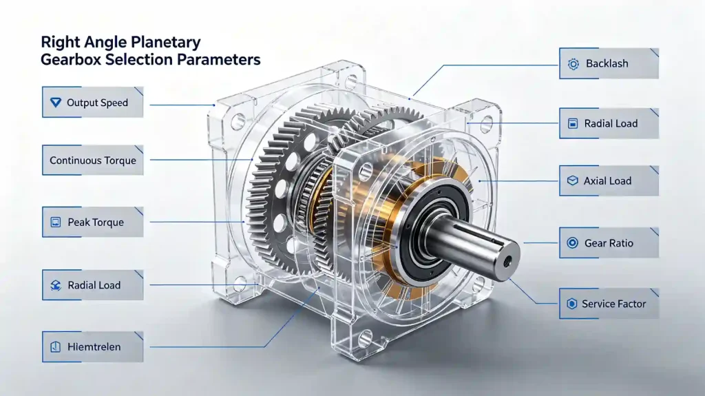 right angle planetary gearbox selection parameters diagram showing torque ratio backlash and load inputs