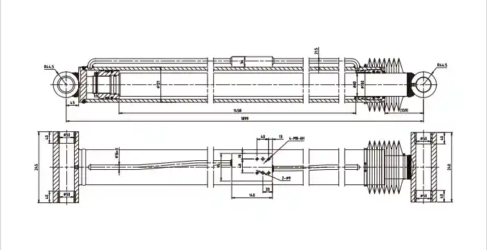 Articulating Boom Lift Hydraulic Cylinder — HCYY11112011 | Folding Boom Angle Cylinder Φ100×Φ80×1458, 21 MPa HCYY11112011 dimensional drawing and parameters