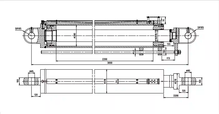Crawler Crane Boom Hoist Hydraulic Cylinder – Model HCYY11112018 | Φ280×Φ160×2200, 31.5 MPa HCYY11112018 Crawler Crane Boom Hoist Hydraulic Cylinder-Engineering Cross Section Drawing