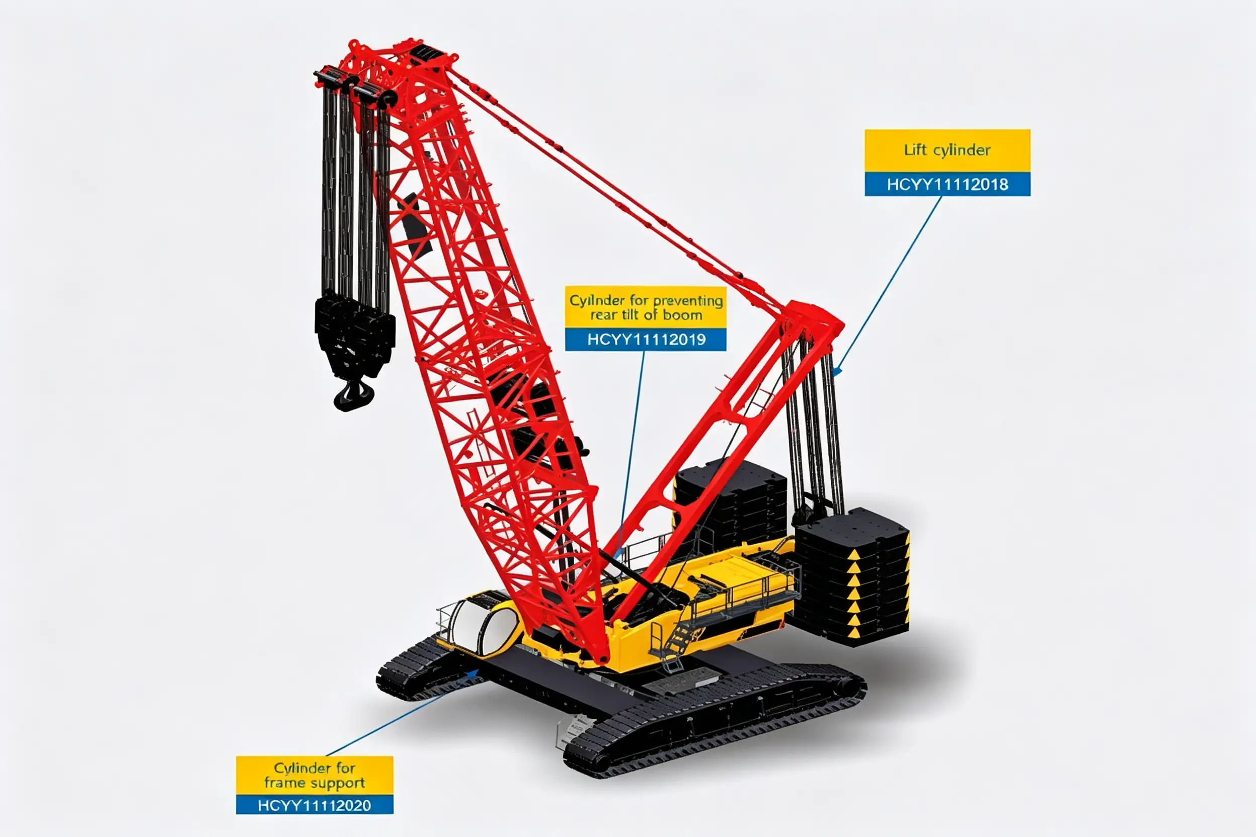 Crawler Crane Frame Support Hydraulic Cylinder – Model HCYY11112020 | Φ170×Φ150×800, 30 MPa Installation location diagram of crawler crane hydraulic cylinders — frame support cylinder undercarriage position shown