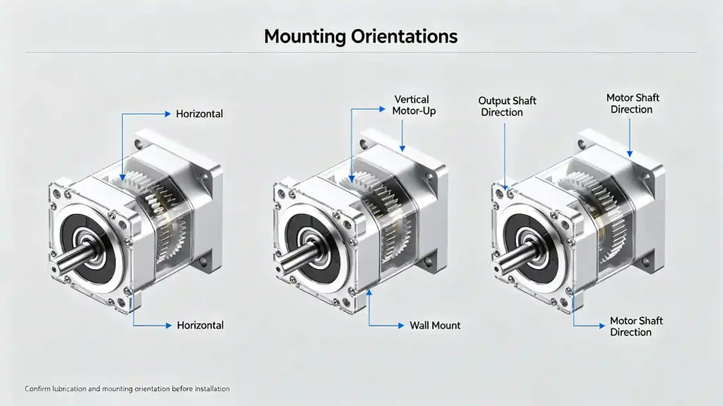 right angle planetary gearbox mounting orientations showing horizontal vertical and wall mount configurations