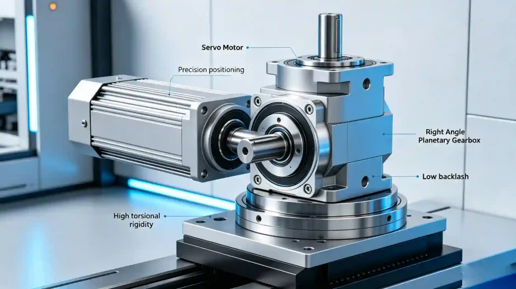 right angle planetary gearbox connected to servo motor for precision positioning application