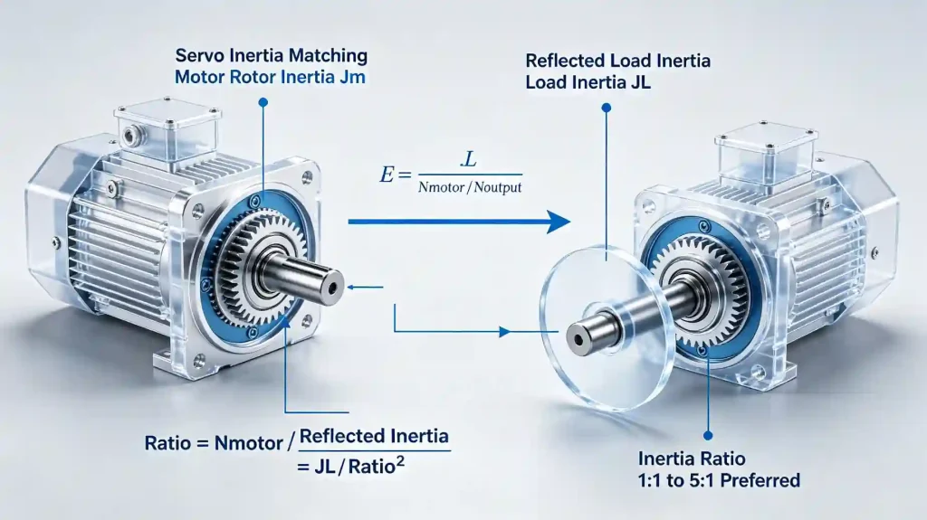 servo motor inertia matching diagram with right angle planetary gearbox showing reflected load inertia calculation