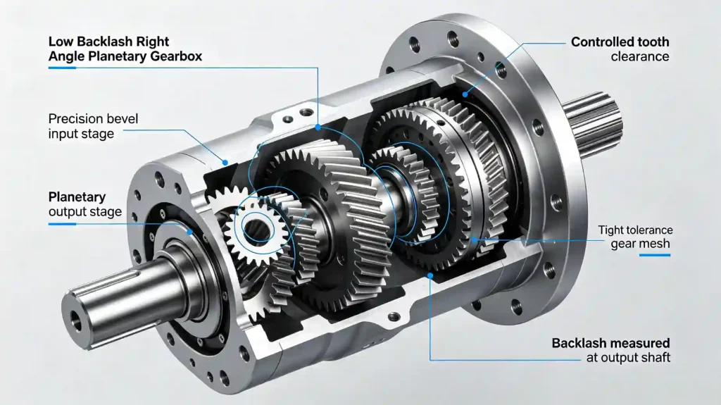 Low Backlash Right Angle Planetary Gearbox: What It Means and When You Actually Need It low backlash right angle planetary gearbox precision gear mesh showing tight tolerance bevel and planetary stages