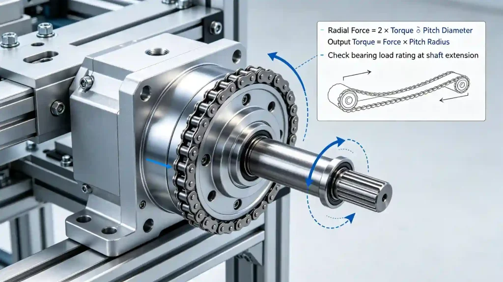 How Much Torque Does a Right Angle Planetary Gearbox Need? right angle planetary gearbox installation showing output shaft sprocket radial load calculation setup
