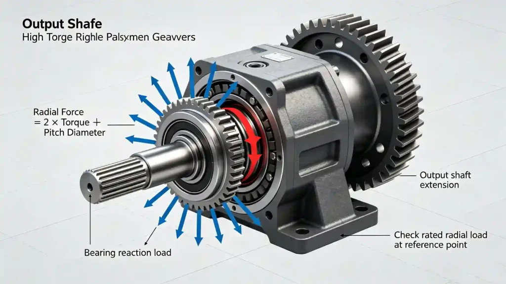 High Torque Right Angle Planetary Gearbox for Industrial Machinery right angle planetary gearbox output shaft radial load diagram showing sprocket force and bearing reaction in heavy industrial application