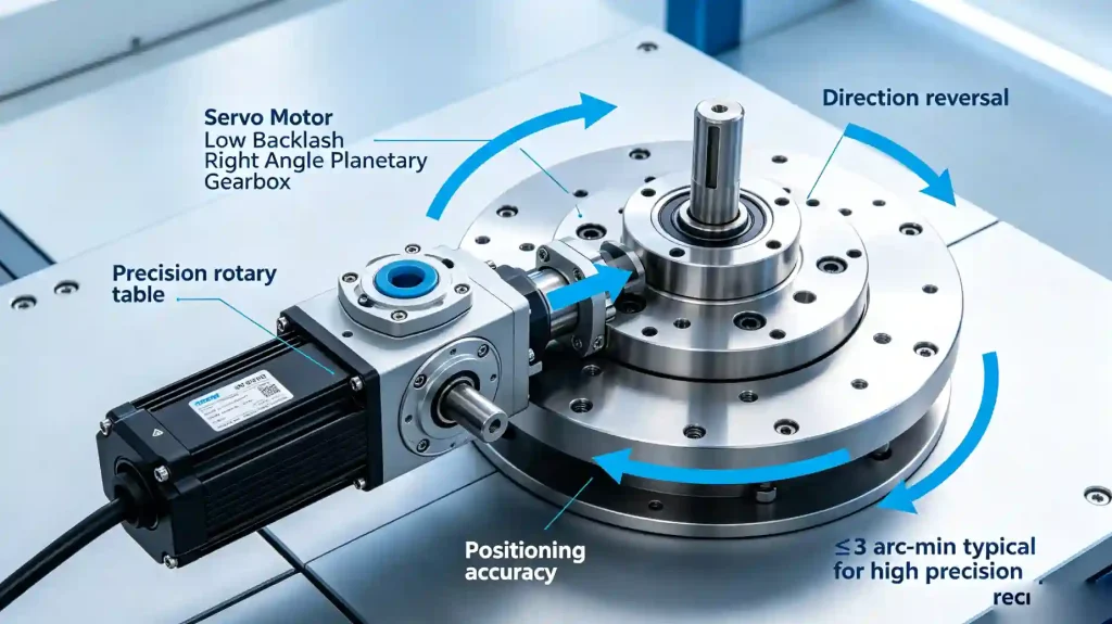 Low Backlash Right Angle Planetary Gearbox: What It Means and When You Actually Need It servo motor connected to low backlash right angle planetary gearbox on precision indexing application