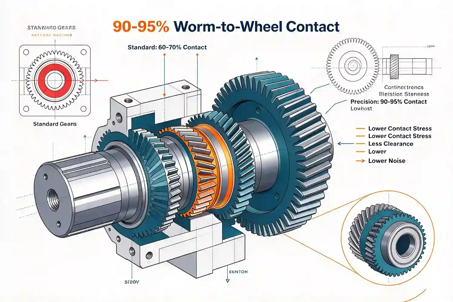 Precision worm gear contact geometry showing 90-95 percent tooth engagement area for low backlash servo gearbox