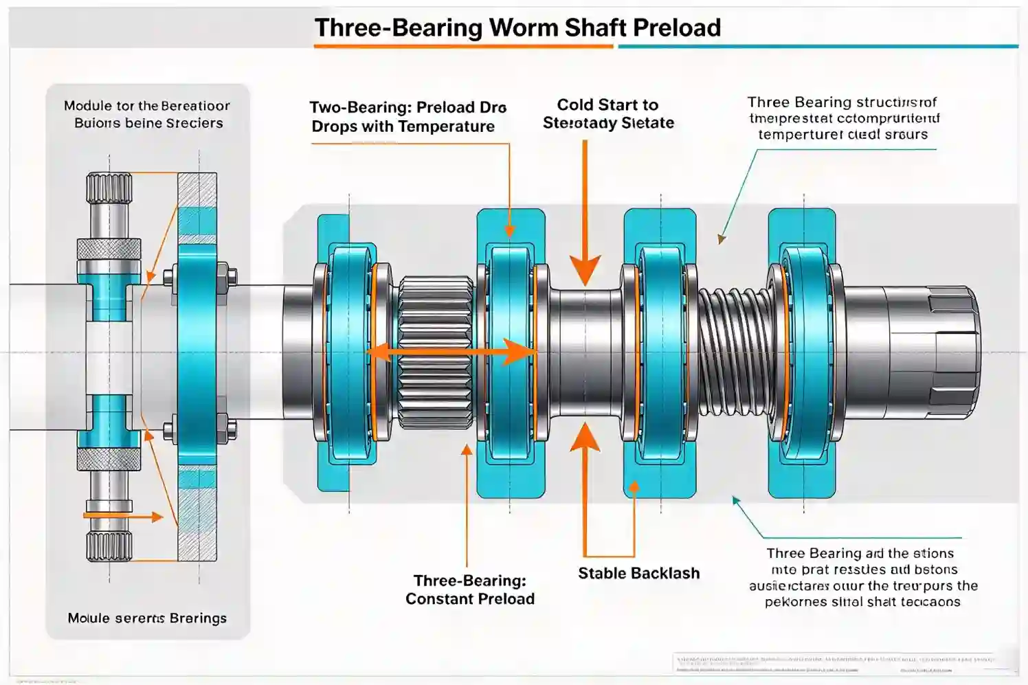 Three bearing worm shaft arrangement in low backlash servo worm gearbox maintaining preload across temperature range