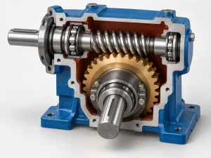 Worm gearbox cross-section diagram showing worm shaft input and worm wheel output at 90 degree right angle