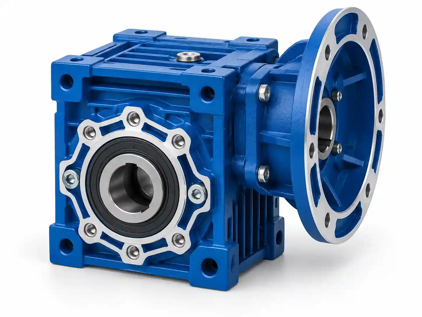 Die-cast aluminum alloy worm gear reducer housing showing lightweight construction and smooth surface finish